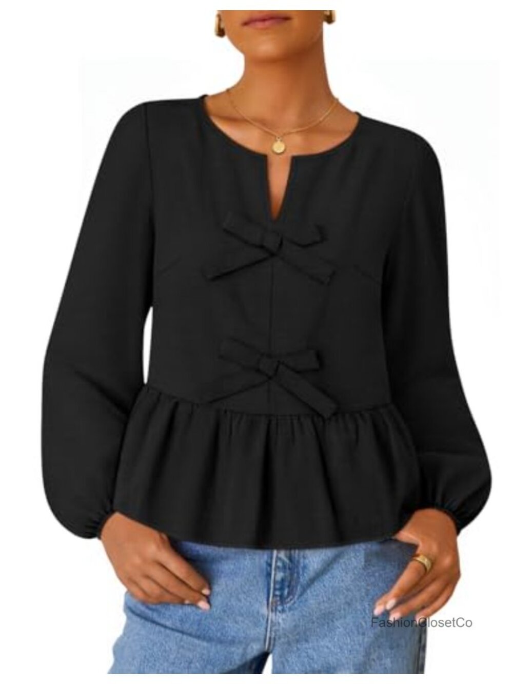 Babydoll Peplum Top Long Sleeve Viscose Blouse Tie Front Going Out